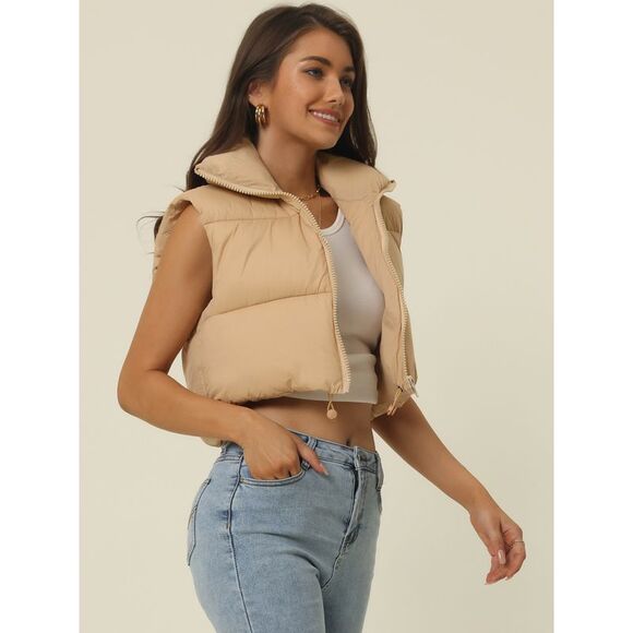 Crop Puffer Vest Stand Collar Sleeveless Zip Up Padded Gilet Coat Khaki - Picture 3 of 6